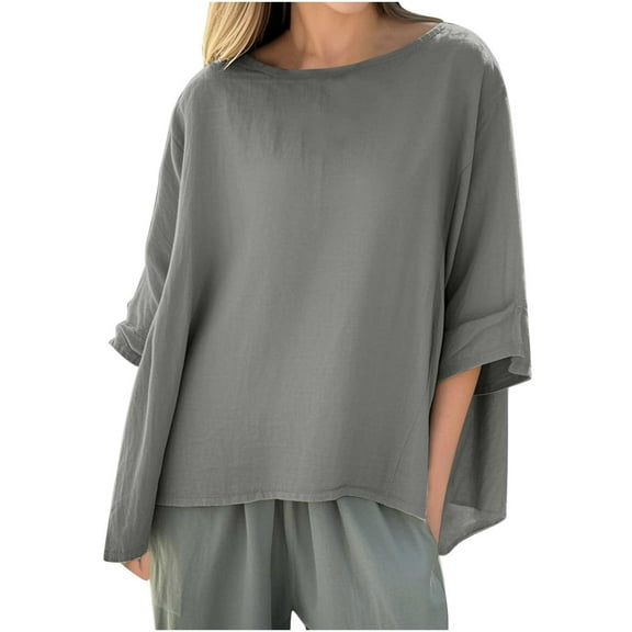 TKLPEHG Womens Tunic Tops 3/4 Sleeve Dressy Casual Crew Neck Three Quarter Sleeve Solid Tunic Shirts Loose Vacation Outfits (Gray,S)