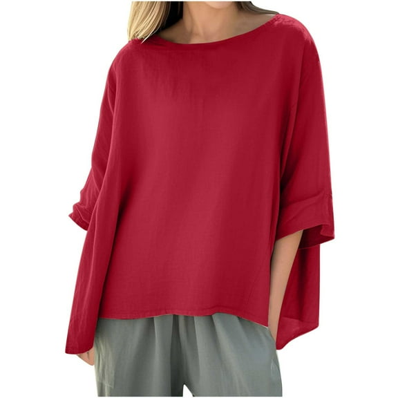 TKLPEHG Womens Tunic Tops 3/4 Sleeve Dressy Casual Crew Neck Three Quarter Sleeve Solid Tunic Shirts Loose Vacation Outfits (Red,M)