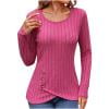 TKLPEHG Womens Tunic Tops Crew Neck Knitted Brushed Striped Tunic Tops Loose Classic Solid Color Long Sleeve Fashion Casual Lightweight Blouse (Hot Pink,L)