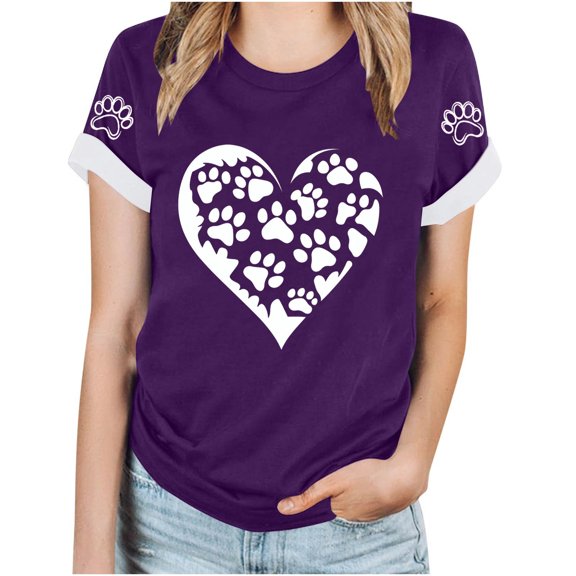 TKLPEHG Womens Tunic Tops Short Sleeve Crew Neck Summer Fashion Comfy Casual Dog Paw Print Graphic Tee Loose Outfits (Purple,XL)