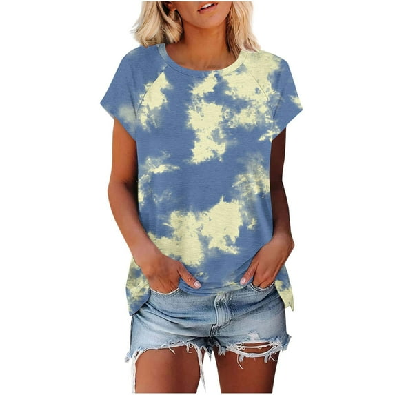 TKLPEHG Womens Tunic Tops Short Sleeve Crew Neck Tunic Tops Comfy Loose Summer Fashion Tie Dyed Print Graphic Tee Casual Outfits (Green,S)