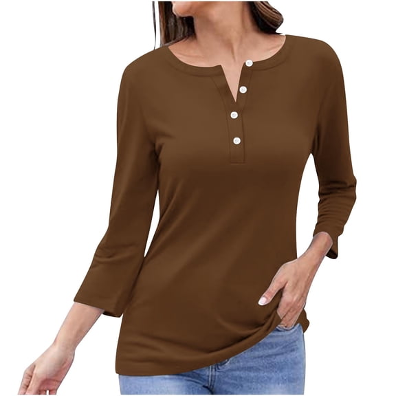 TKLPEHG Womens Tunic Tops V-Neck Button Pullover Casual Lightweight Comfy Loose Fall Tops Fashion Solid Color Long Sleeve T Shirt Pullover (Brown,S)