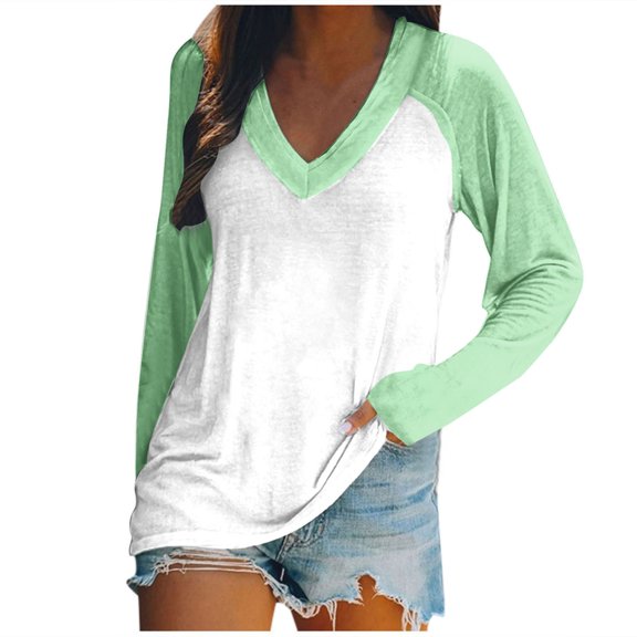 TKLPEHG Womens Tunic Tops V-Neck Patchwork Color T-Shirts Fashion Casual Long Sleeve T Shirt Loose Color Block Print Lightweight Comfy Fall Tops Blouses Pullover (Mint Green,L)