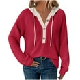 thumbnail image 1 of TKLPEHG Womens Waffle Knit Hoodies Long Sleeve Drawstring Button V Neck Casual Pullover Sweatshirt Hooded Tops (Red,XXL), 1 of 8
