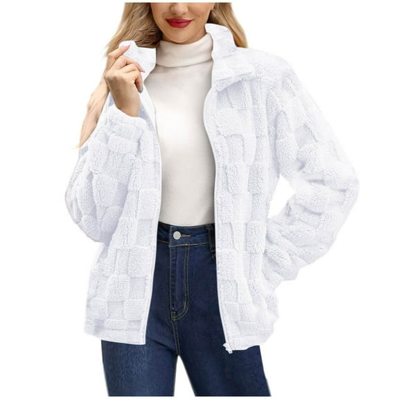 TKLPEHG Womens Winter Coats Fall Long Sleeve Zip Up Fleece Coat Casual Comfy Stand Collar Jackets Warm Fleece Lined Winter Coats (White,XL)