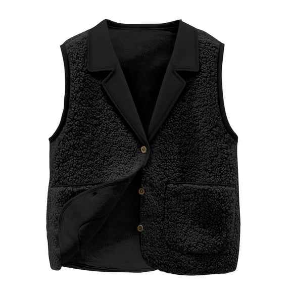 TKLPEHG Womens Winter Coats Fashion Warm Fleece Waistcoat Button Lapel Sleeveless Jacket Warm Waistcoat (Black,M)