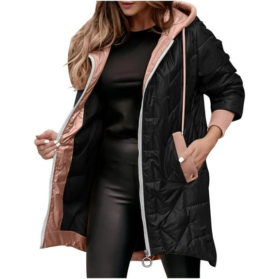 TKLPEHG Womens Winter Coats Warm Irregular Hem Jacket Hood Zip Outerwears Long Coat Thermal Jackets (Black,S)