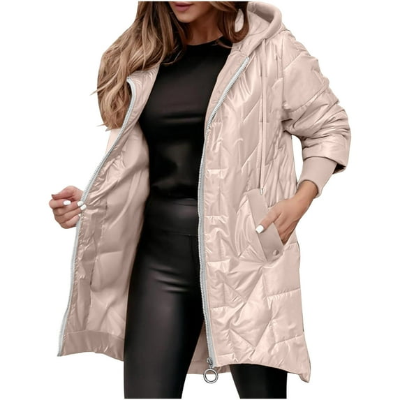 TKLPEHG Womens Winter Coats Warm Irregular Hem Jacket Hood Zip Outerwears Long Coat Thermal Jackets (Khaki,XL)