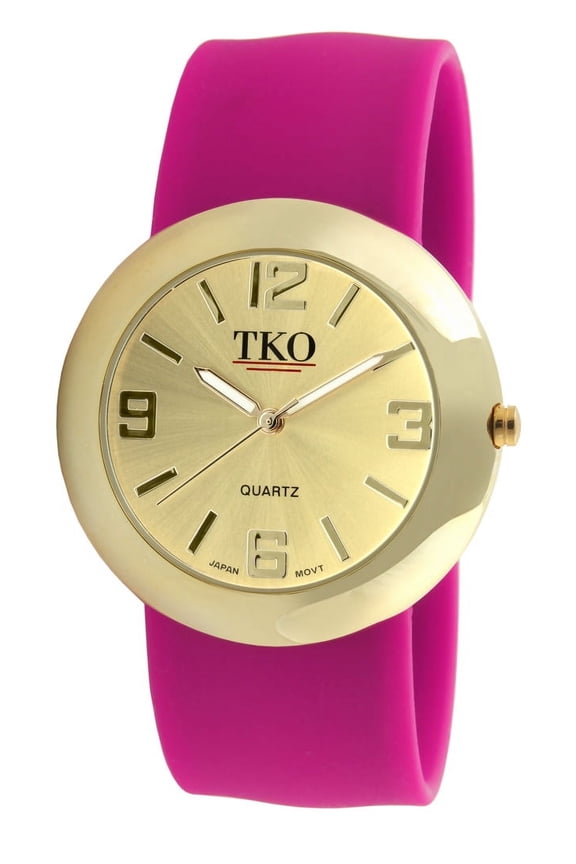 Women Fashion Gold Metal Slap Watch with Silicone Slip-On Bracelet