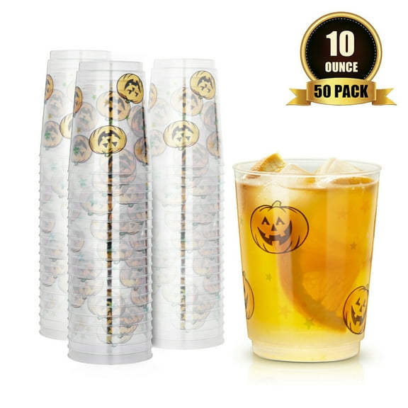 TKOOFN 10 oz Jack-O'-Lantern Plastic Disposable Halloween Cups, 50 Ct