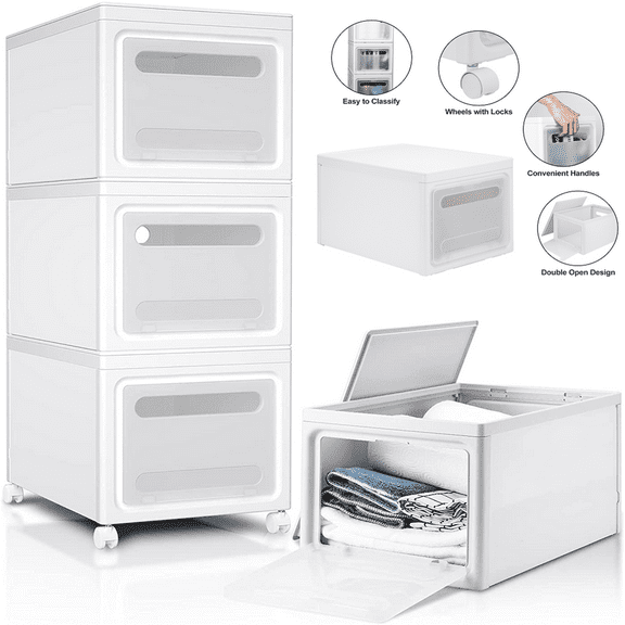 TKOOFN 3 Pack Plastic Stackable Storage Bin with Lid Closet Organizer Box, White