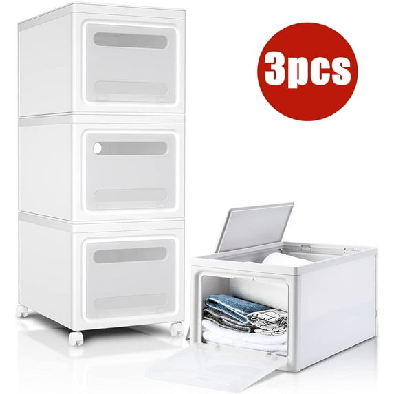 TKOOFN 3 Pack Stackable Storage Bins with Lids, Plastic Storage Boxes with Wheels, Storage Containers for Office and Home, Easy to Install