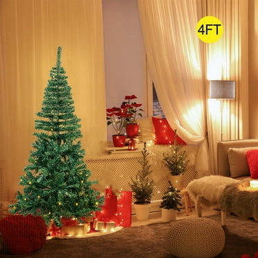 TKOOFN 4ft Premium Hinged Green Artificial Christmas Pine Tree w/ 300 Tips, LED Lights, Metal Base