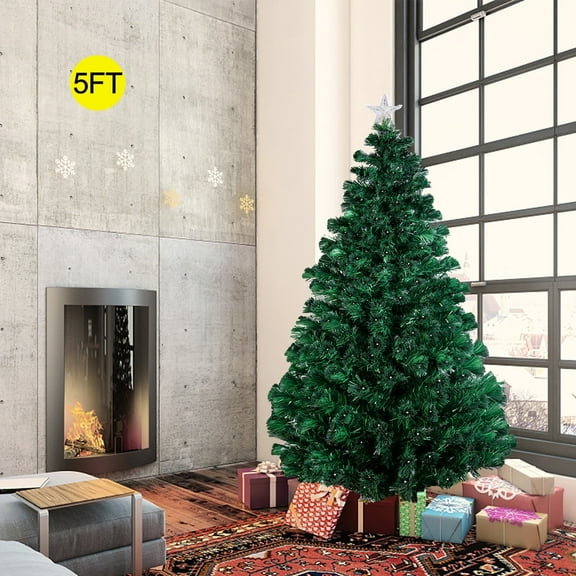 TKOOFN 5Ft Pre-Lit Multicolor Lights Fiber Optic PVC Christmas Pine Tree Holiday Decor w/ Stand