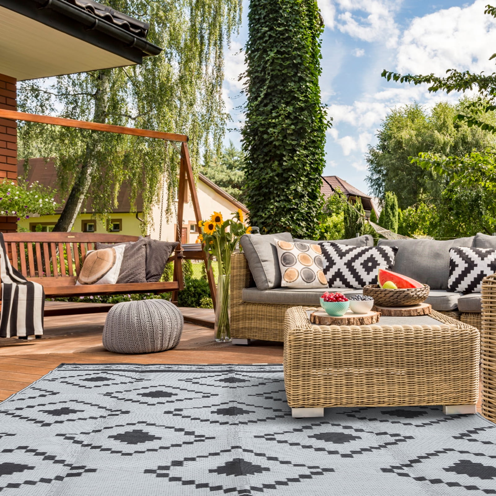 Ileading Reversible Plastic Outdoor Rug Modern Geometric Style Straw Mat,  Waterproof Patios Carpet 6x9ft Non Shedding Portable Decor Area Rugs for