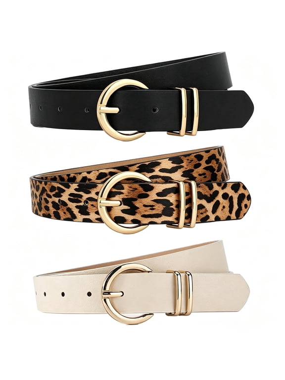 3 Pack Women's Faux Leather Belts for Jeans - Gold-Tone Double O-Ring Buckle, Multi-Color Waist Belts for Casual & Formal Wear (41-inch)