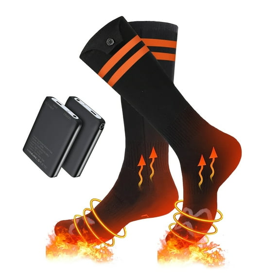 TKVOAOX Heated Socks 5000mAh Rechargeable - 4 Heat Settings, 10H Runtime, Machine Washable, Striped Black with Orange Accents for Camping, Skiing, Hiking