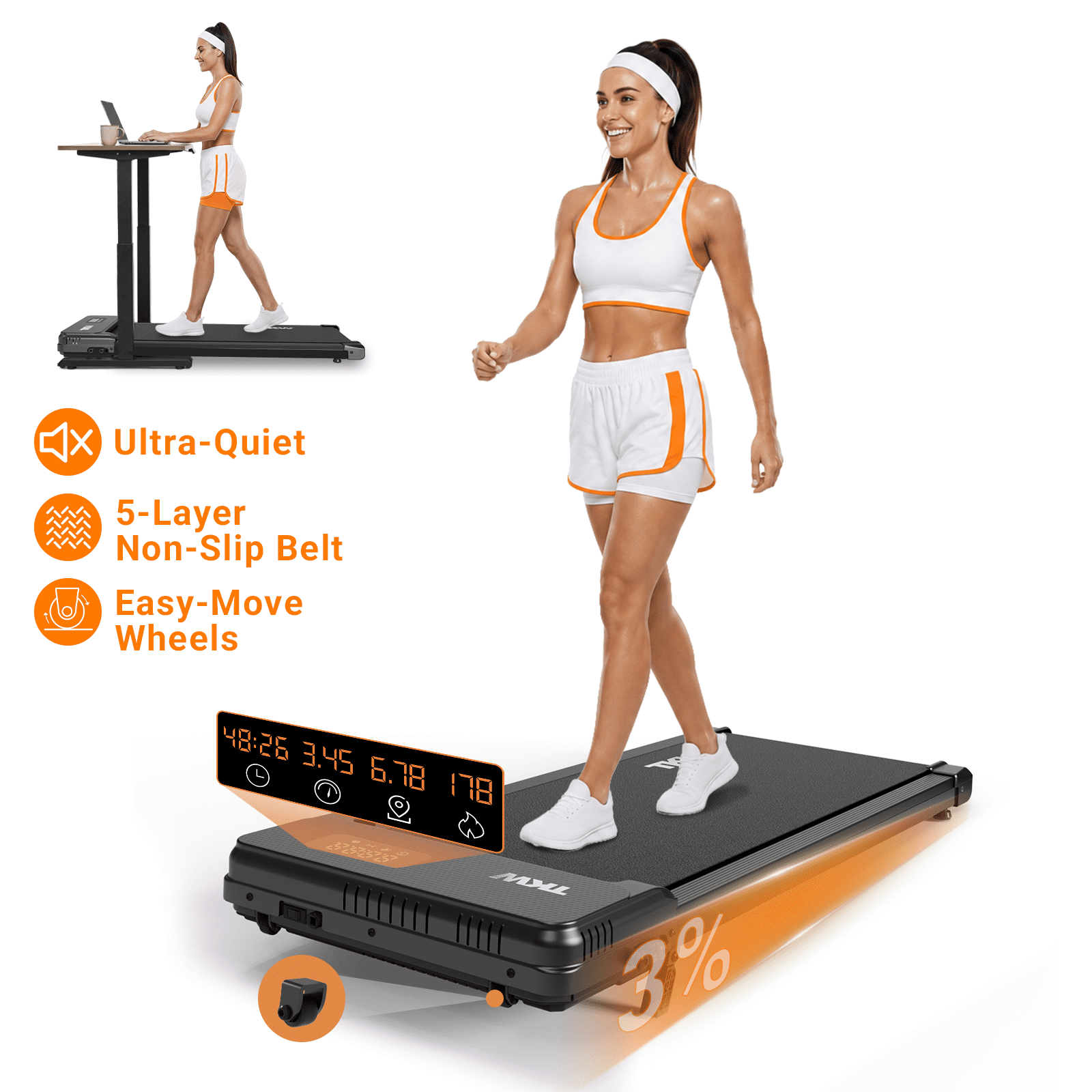 TKW 3-in-1 Under Desk Walking Pad Treadmill, Portable Compact Walking Machine, 200 lbs Capacity, Black walk pad Walking Pad walkingpad treadmill, Black