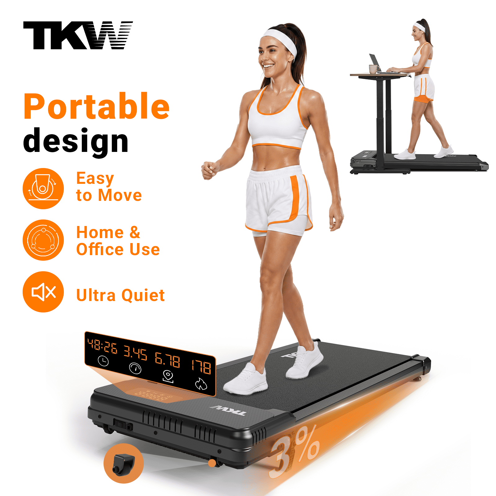 TKW 3-in-1 Under Desk Walking Pad Treadmill, Portable Compact walk pad for Home Office, 200 lbs Capacity walkingpad treadmill, Walking Pad, Black