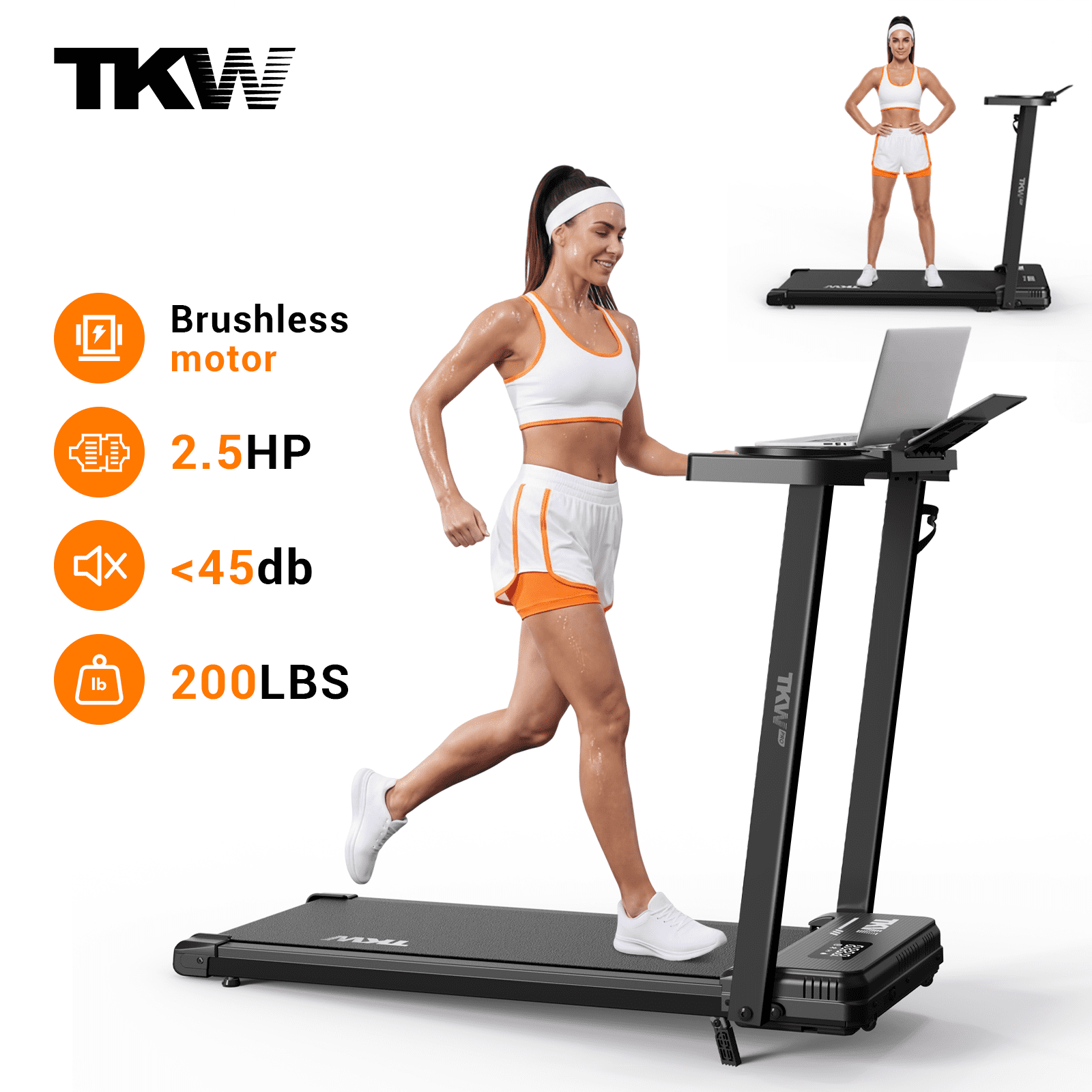 TKW Walking Pad Treadmill with Incline, 3 in 1 Under Desk Walking Pad, 2.5HP Quiet Motor, 200lbs Capacity Portable walk pad with Handle Bar for Home Office, walkingpad treadmill, Black
