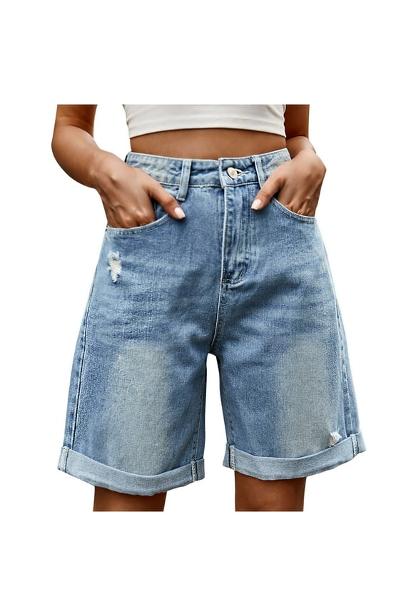 Womens Mid Rise Roll Cuff Denim Jean Shorts Casual Denim Button Zipper Short Summer Ripped Wide Leg Baggy Jean Shorts for Teen Girls