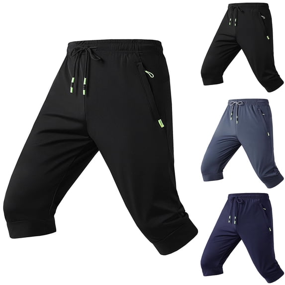 TKYCMSUAKI Big and Tall Cropped Pants for Men Ice Silk Lightweight Quick Dry Solid Color Workout Short Breathable Elastic Waist Athletic Shorts with Pockets