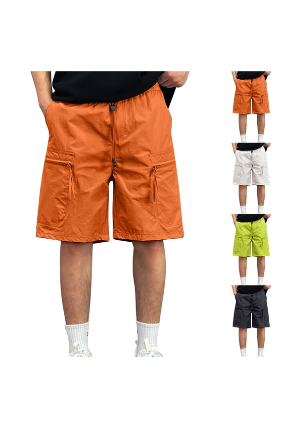 Big and Tall Shorts for Men Elastic Waisted Drawstring Solid Color Workout Short Lightweight Quick Dry Cargo Shorts with Multi Pockets