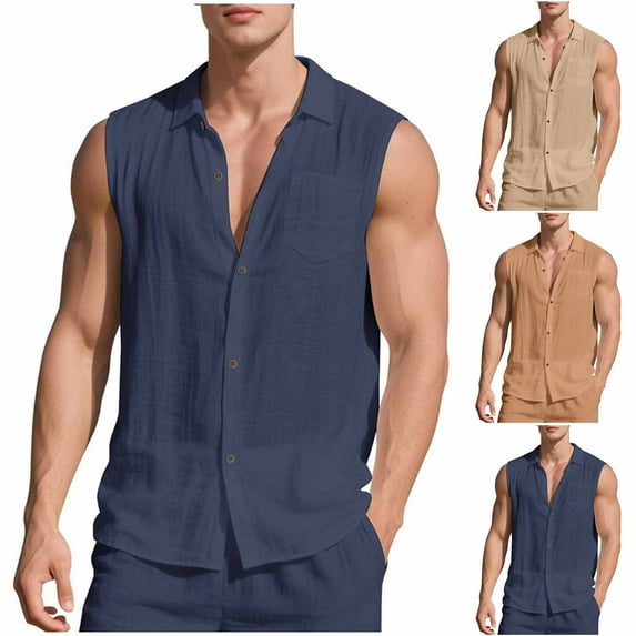 TKYCMSUAKI Big and Tall Tank Tops for Men Cotton Linen Lapel Button Down Sleeveless Shirts Loose Fit Solid Color T-Shirts Trendy Textured Tees