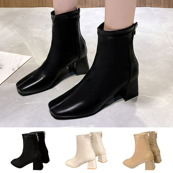 TKYCMSUAKI Boots for Women,Women's GoGo Ankle Boots Square Toe Side Zipper Chunky Block Heel Mid Calf Low Heeled Short Booties