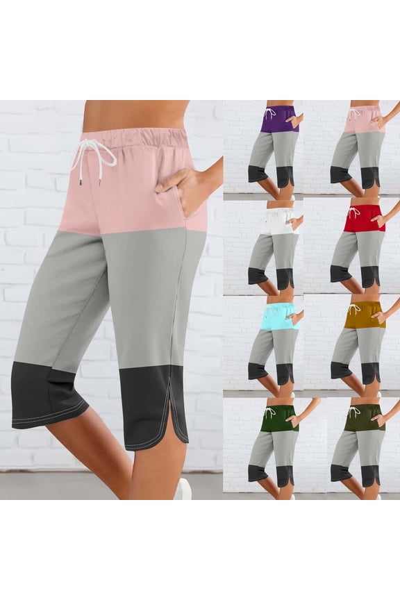 Capri Pants for Women Summer Lightweight Drawstring Stretchy Sweatpants Trendy Color Block Split Hem Cropped Pant