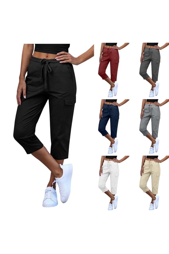 Capris Pants for Women with Pockets Drawstring Elastic Waist Solid Cargo Trousers Summer Casual Work Hiking Cropped Pant