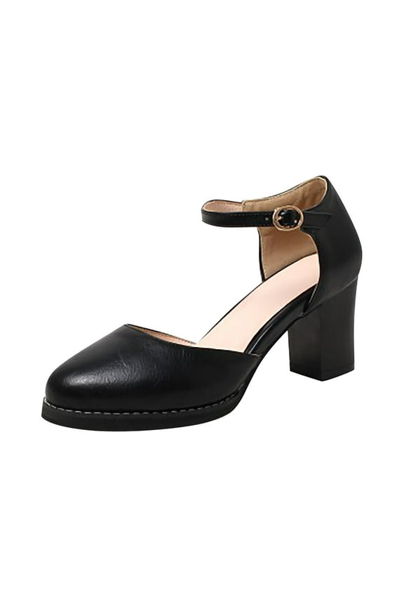 Closed Toe Heels for Women - Low Block Chunky Women Pumps with Ankle Strap Work Pumps Comfortable Round Toe Dress Wedding Shoes