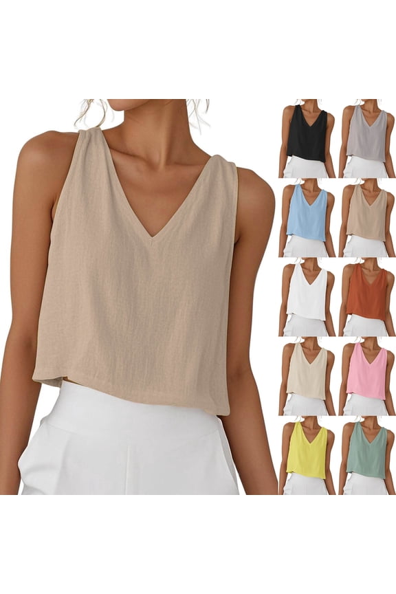 Cotton Linen Cropped Tank Tops for Women Plus Size V Neck Sleeveless Shirts Solid Color Textured Blouses Summer Going Out Tee