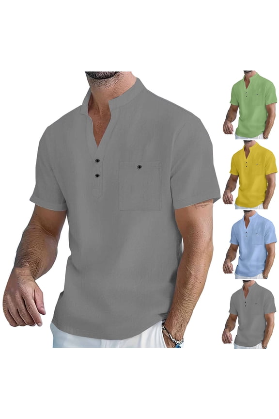 Cotton Linen Shirts for Men Short Sleeve Solid Color Henley Shirt Loose Fit Pullover Tops Summer Casual Business Tee