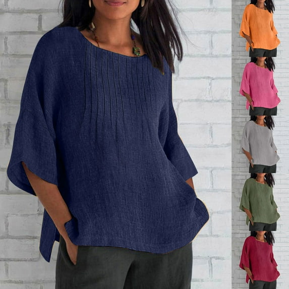 TKYCMSUAKI Cotton Linen Shirts for Women Plus Size 3/4 Sleeve Crewneck T-Shirts Textured Solid Color Blouses Oversized Beach Vacation Tee
