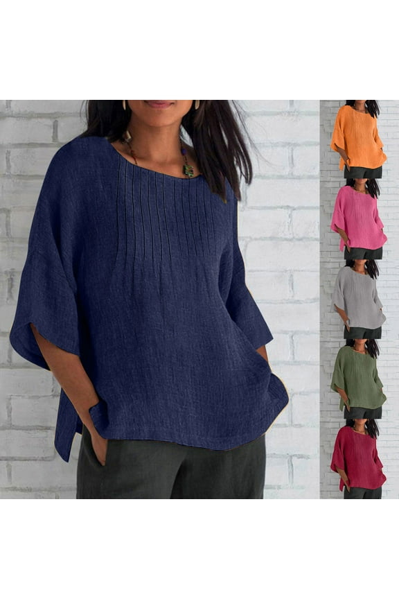 Cotton Linen Shirts for Women Plus Size 3/4 Sleeve Crewneck T-Shirts Textured Solid Color Blouses Oversized Beach Vacation Tee
