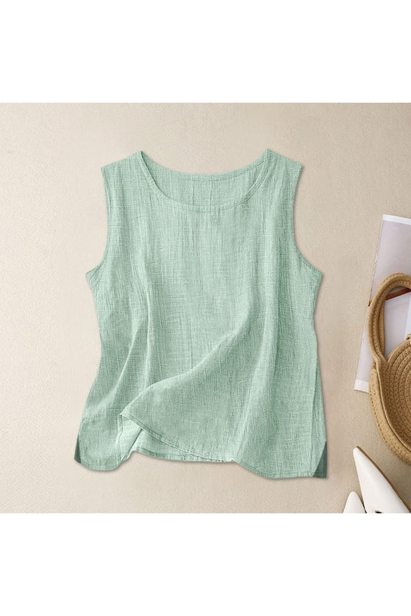 Cotton Linen Tank Tops for Women Plus Size Textured Crewneck Sleeveless Shirts Loose Fit Solid Color Blouses Summer Basic Tee