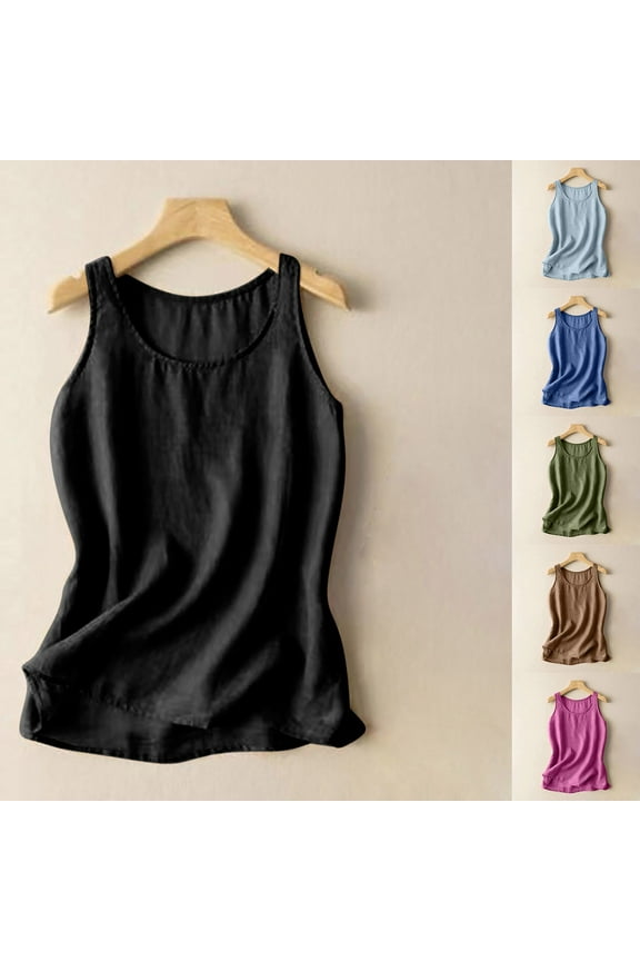 Cotton Linen Tank Tops for Women Plus Size Textured Sleeveless Shirts Crewneck Solid Color T-Shirts Summer Going Out Vacation Blouses