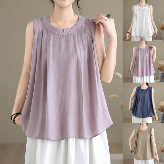 TKYCMSUAKI Cotton Linen Tank Tops for Women Ruffle Round Neck Sleeveless Shirts Loose Fit Solid Color Blouses Summer Going Out Pullover Tee