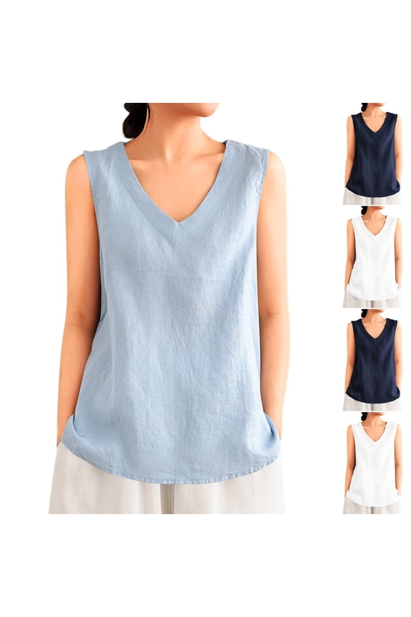 Cotton Linen Tank Tops for Women Textured Solid Color T-Shirts Loose Fit Sleeveless V Neck Shirts Summer Casual Basic Blouses