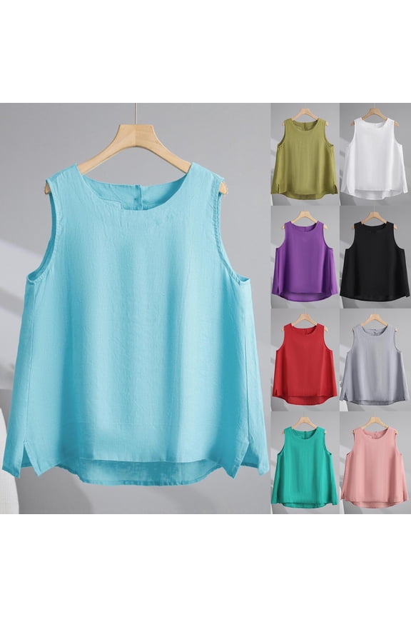 Cotton Linen Tank Tops for Women Trendy Side Slit Sleeveless Shirts Round Neck Solid Color Blouses Summer Textured Basic Tee