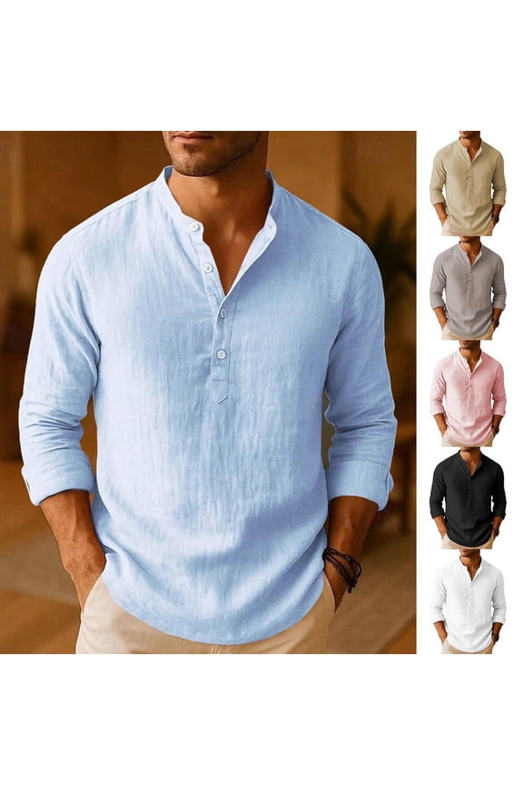 Cotton Linen Tops for Men Trendy 3/4 Sleeve Henley Shirts Loose Fit Solid Color T-Shirts Textured Comfy Pullover Tees