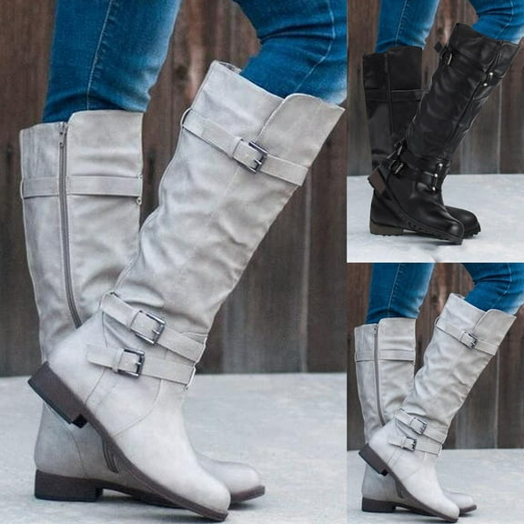 TKYCMSUAKI Cowboy Boots for Women,Women's Chunky Low Heels Boots Knee High Boots Trendy Pull On Fall Winter Snow Zip Up Chunky Heels Knee High Boots Round Toe Cozy Boots for Women