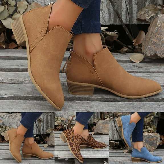 TKYCMSUAKI Cowboy Boots for Women,Women's Stacked Mid Heel Ankle Boots V Cutout Pointed Toe Chunky Booties The Western Wear Fashion Cowboy Cowgirl Outfits Low Heel Walking Boots For Girl Ladies