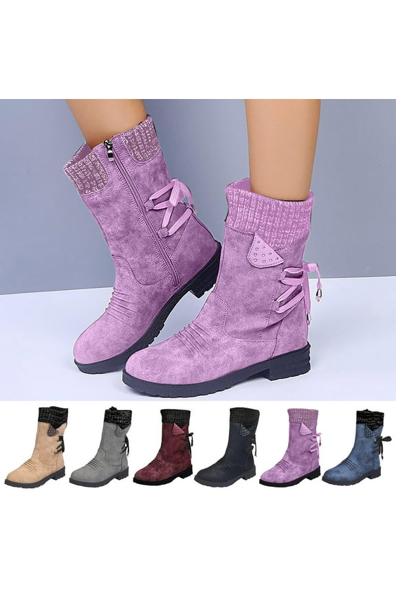 Cowboy Boots for Women,Womens Mid-calf Snow Boots Fashion Back Strap Elastic Round Toe Square Heel Slip-On Boots Winter Outdoor Warm Casual Shoes