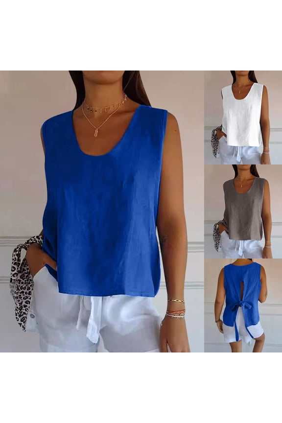 Cropped Tank Tops for Women Plus Size Cotton Linen Sleeveless Shirts Round Neck Solid Color Blouses Summer Oversized Textured Tee