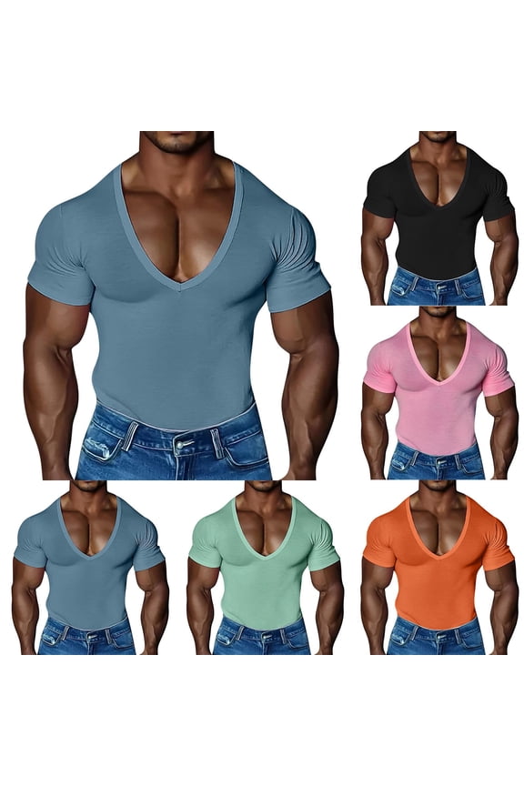 Deep V Neck T Shirt for Mens Solid Short Sleeve Muscle T-Shirt Casual Slim Fit Shirts Summer Low Cut Athletic Tees