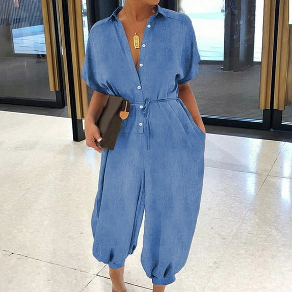 TKYCMSUAKI Denim Jumpsuit for Women Oversize Short Sleeve Jean Rompers Loose Button Downs Baggy One Piece Jumpsuit Cozy Blue Jumpsuit