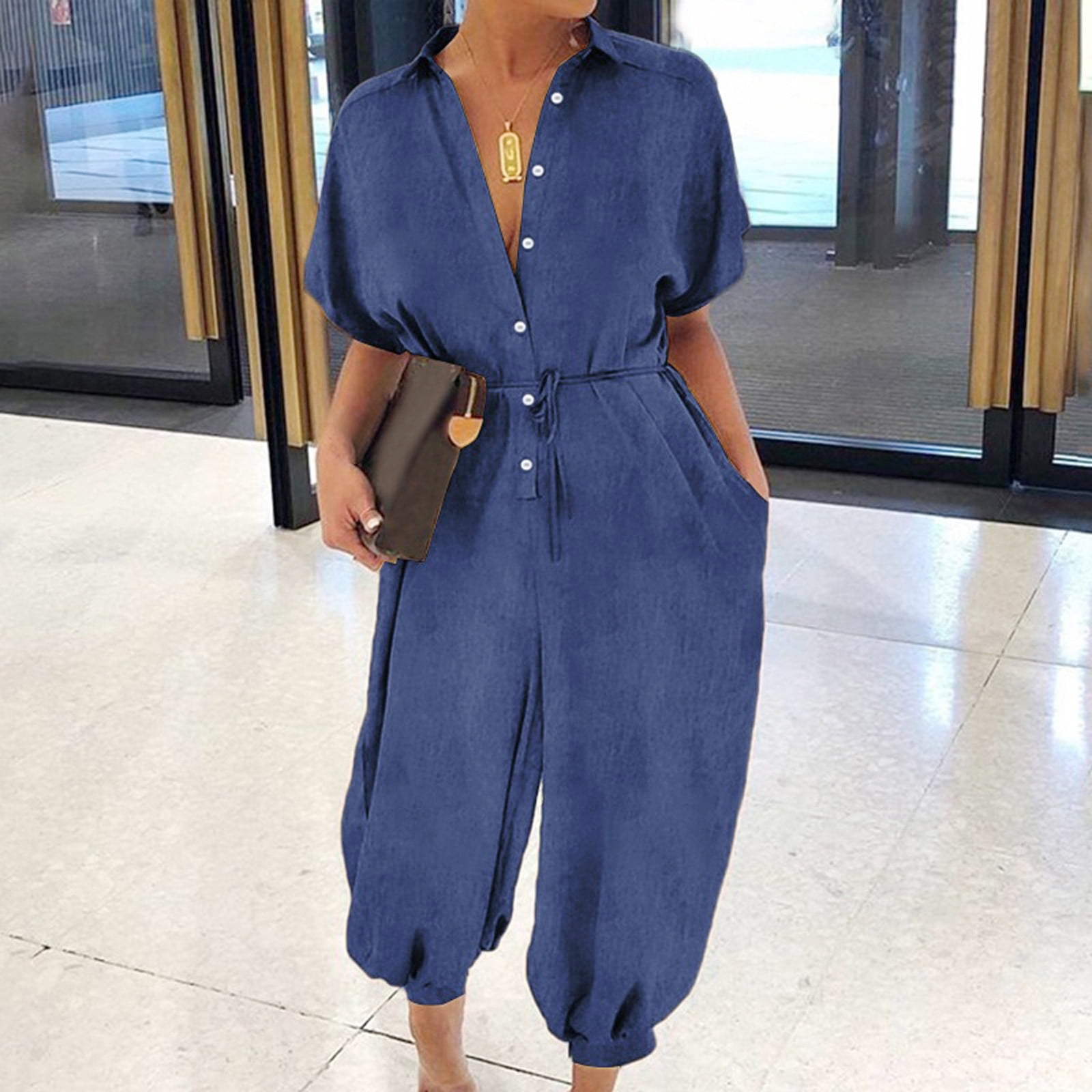 Zip-Up Denim Short-Sleeve Jumpsuit
