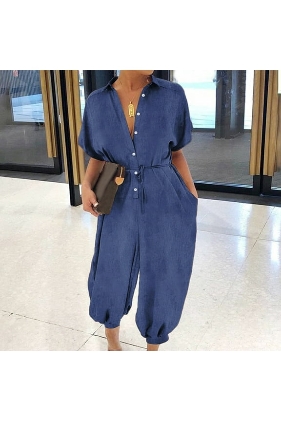 Denim Jumpsuit for Women Oversize Short Sleeve Jean Rompers Loose Button Downs Baggy One Piece Jumpsuit Cozy Blue Jumpsuit